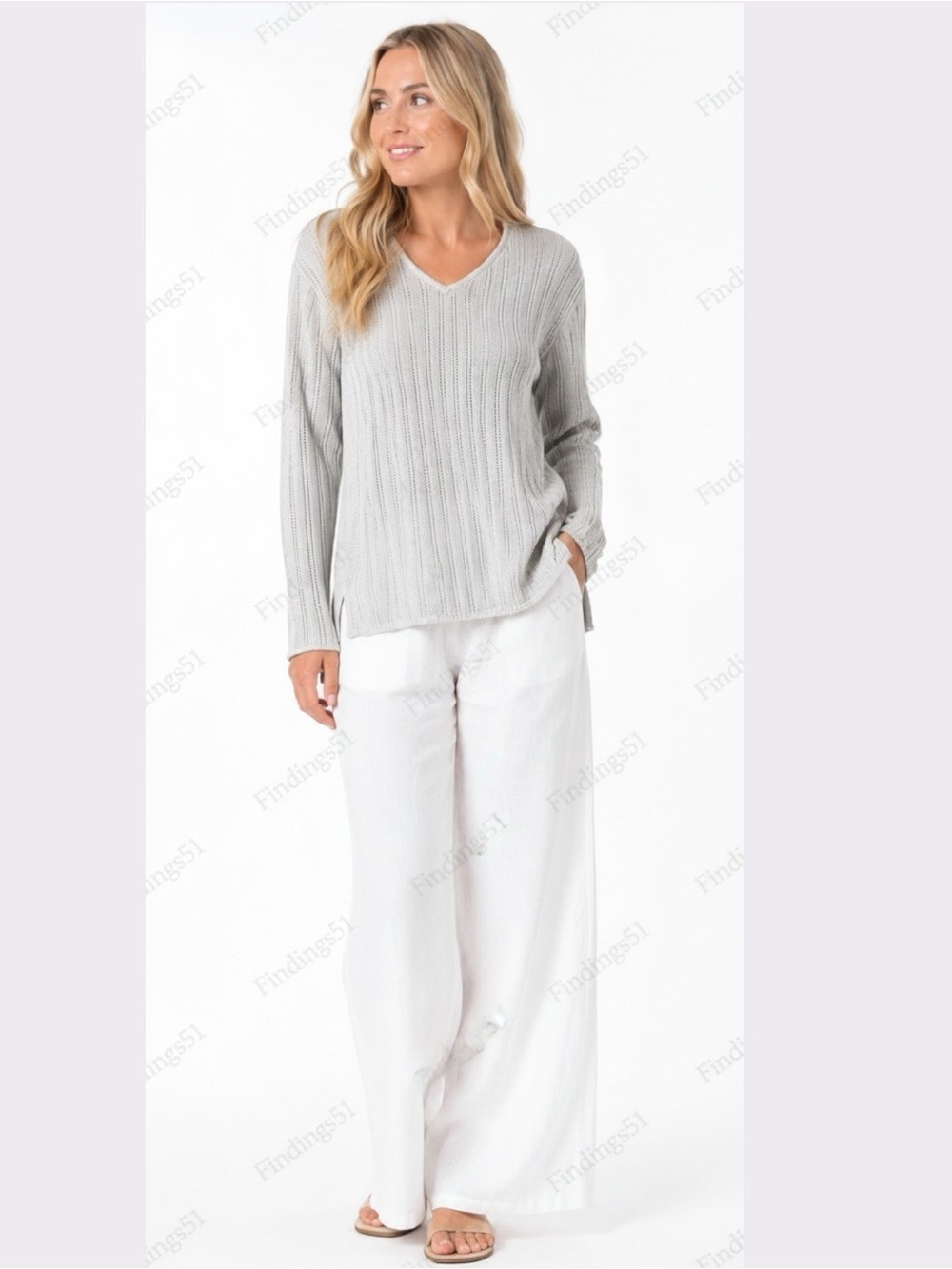 THE WORK CONNECTION Linen Cotton Blend Rib Knit Long Sleeve Sweater V-Neck Sz L